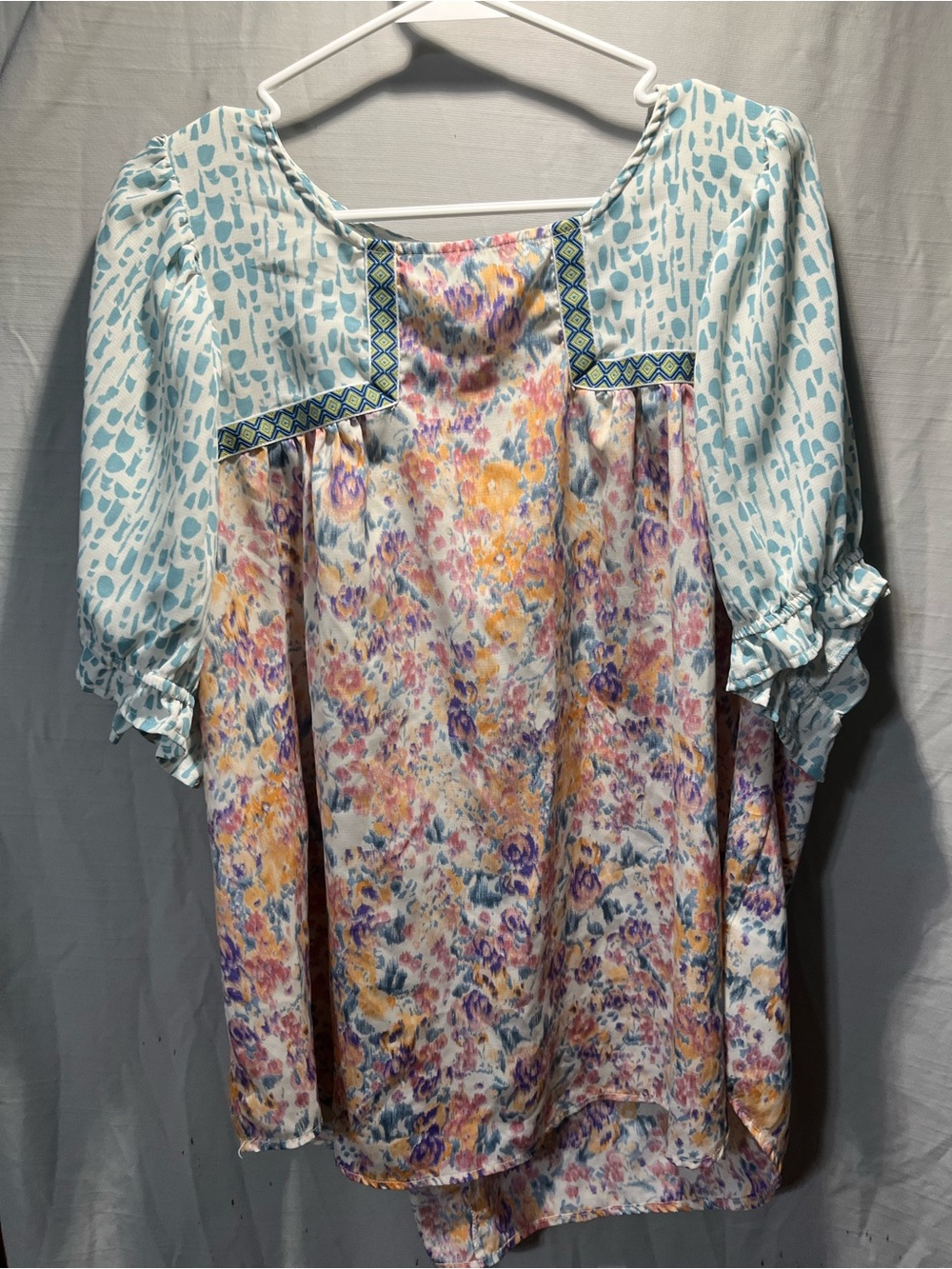 Floral Patchwork Tunic Top in Multicolor and Light Blue
